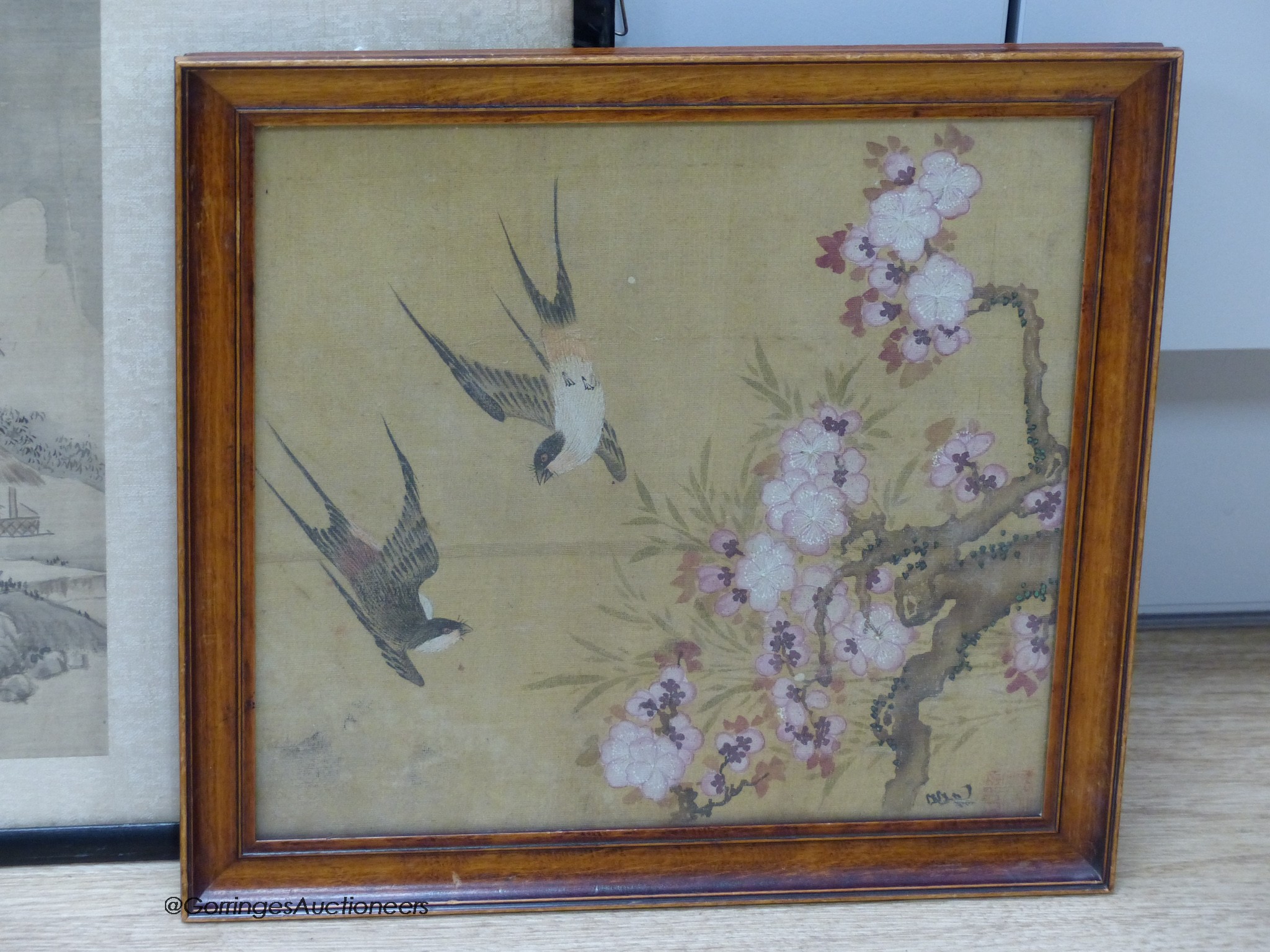 A late 19th century Chinese landscape painting on silk and another of birds amid prunus, largest 28 x 27cm